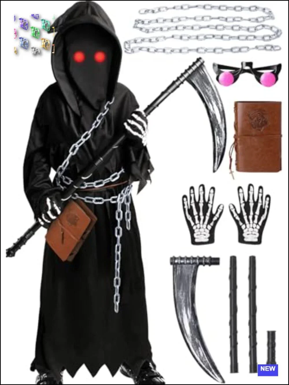Kids Grim Reaper Costume 7 Piece Set Scary Halloween Boys Cosplay